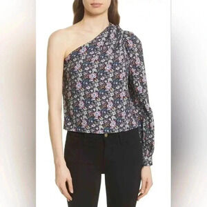 FRAME X-Small One Shoulder Blouse Top Floral Coastal Blue Multi Shirt Celeb